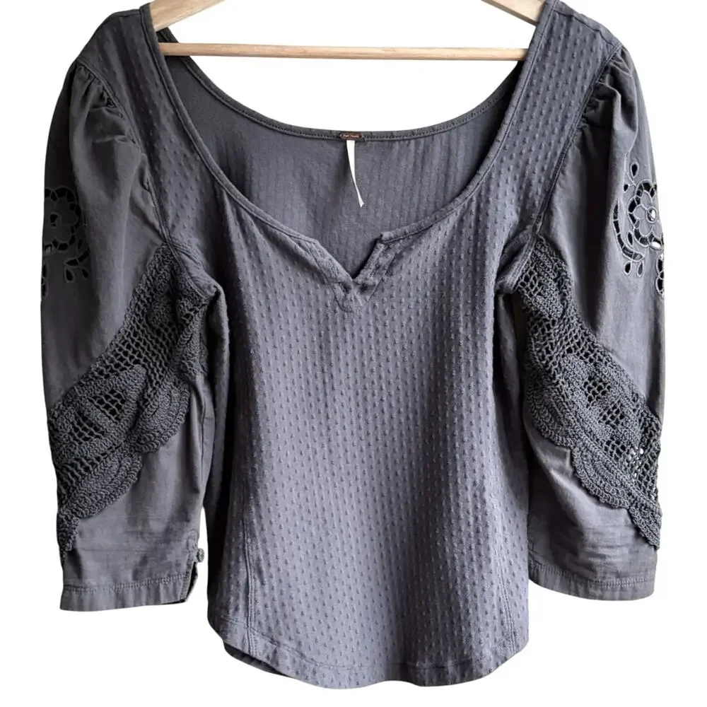 FREE PEOPLE Floral Lace Embroidered Swiss Dot Brunch Date Top Gray Romantic S